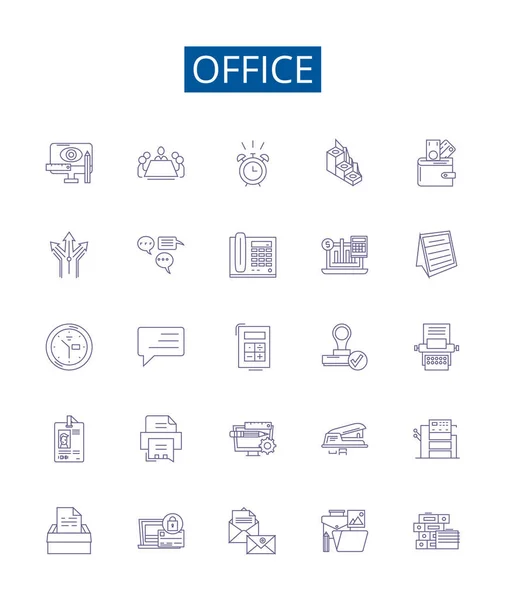 Ikony Řádků Sady Office Nastaveny Návrh Kolekce Office Stůl Židle — Stockový vektor