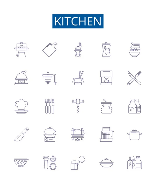 stock vector Kitchen line icons signs set. Design collection of Cooking, Cuisine, Cabinets, Dishes, Utensils, Appliances, Stove, Oven outline vector concept illustrations