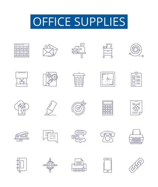 stock vector Office supplies line icons signs set. Design collection of Stationery, Pens, Envelopes, Paper, Notepads, Files, Calendars, Staplers outline vector concept illustrations