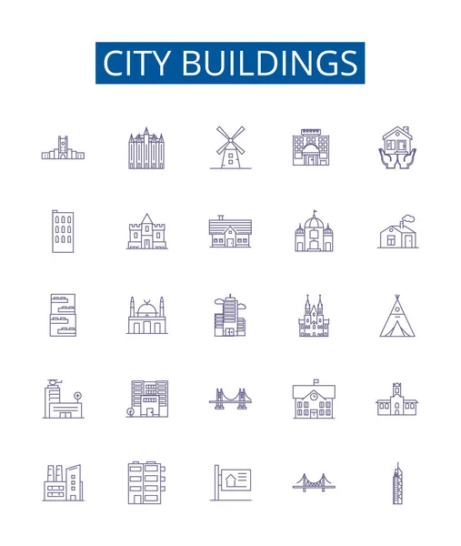 Edificios Ciudad Línea Iconos Letreros Establecidos Diseño Colección Rascacielos Torres — Archivo Imágenes Vectoriales