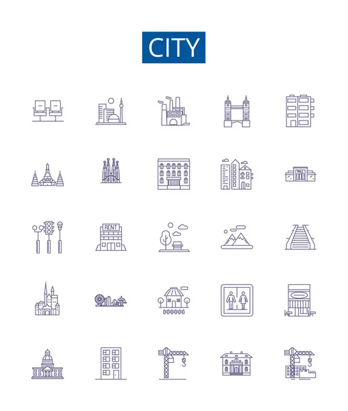 Набір Значків Лінії Міста Дизайн Колекції Міського Мегаполісу Муніципалітету Селища — стоковий вектор