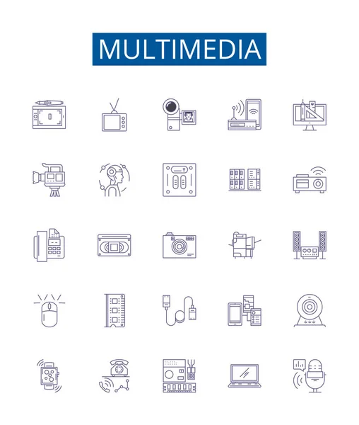Ikony Linii Multimedialnej Ustawione Kolekcja Projektowa Audio Video Grafika Animacja — Wektor stockowy