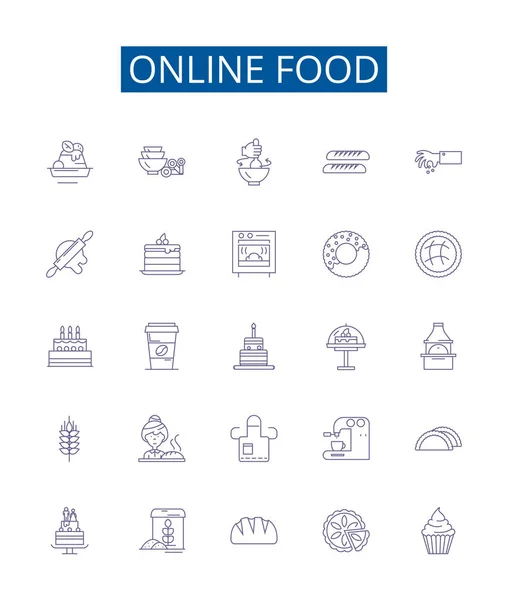 Ikon Line Makanan Online Siap Desain Koleksi Orde Pengiriman Grubhub - Stok Vektor