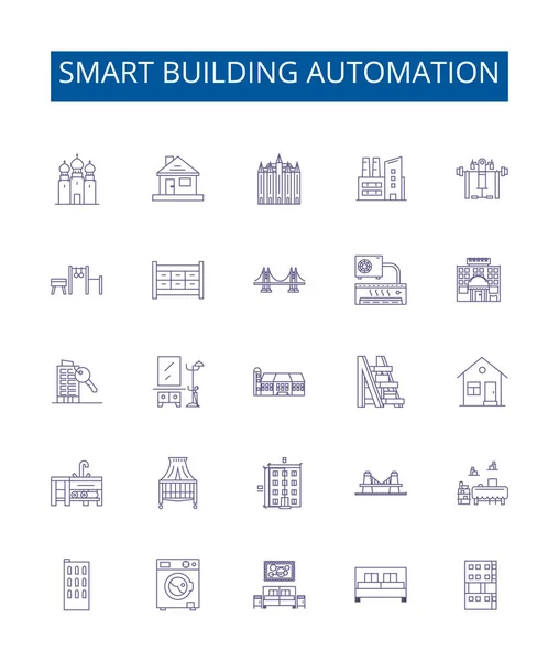 Smart Byggnad Automation Linje Ikoner Skyltar Inställd Design Samling Smart — Stock vektor