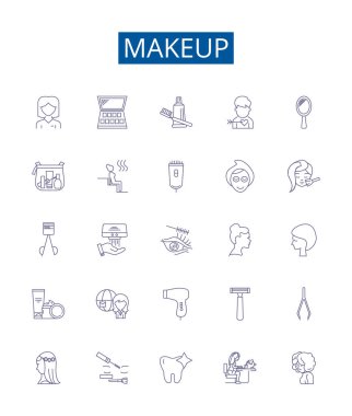 Makyaj çizgisi simgeleri ayarlandı. Kozmetik, Vakıf, Blush, Pudra, Concealer, Mascara, Göz kalemi, Ruj ana hatları konsept çizimleri koleksiyonu