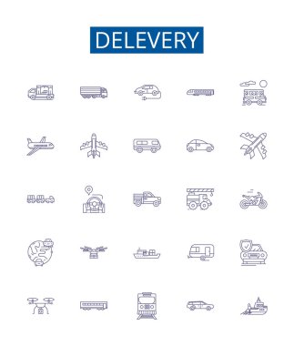 Delevery satır simgeleri ayarlandı. Sevkiyat, Teslimat, Posta, Nakliye, Posta, Sevkiyat, Nakliye, Nakliye, Aktarma ana hatları çizim çizimleri tasarımı