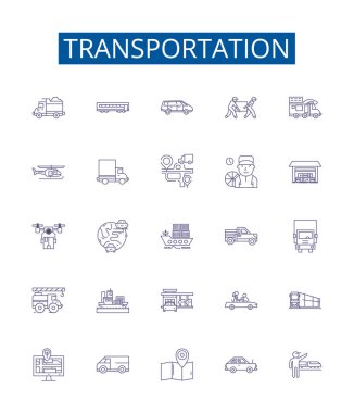 Ulaşım hattı simgeleri ayarlandı. Taşımacılık, Seyahat, Mekik, Taksi, Sürüş, Uçak, Feribot, Gemi ana hatları vektör çizimleri tasarımı