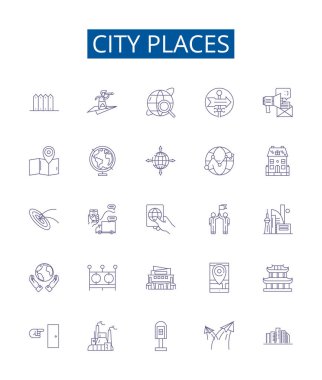 Şehir çizgi simgeleri belirlendi. Town, Metropolis, Village, Borough, Yerleşim, Banliyö, Plaza 'nın tasarım koleksiyonu.