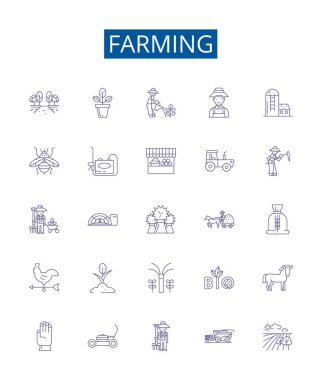 Çiftlik çizgisi simgeleri ayarlandı. Ekin, Tarım, Tarım, Tarım, Sulama, Hasat, Yetiştirme, Hayvancılık ana hatları konsept çizimleri tasarım koleksiyonu