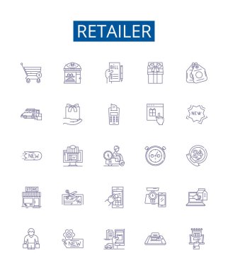 Perakende hattı simgeleri ayarlandı. Tüccar, Satıcı, Outlet, Satıcı, Satıcı, Mağaza, Dükkan, Butik ana hatları vektör çizimleri tasarım koleksiyonu