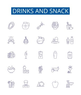 İçecekler ve abur cubur sırası simgeleri ayarlandı. Mutfak, Diyet, Pişirme, Ziyafet, Gurme, Beslenme, Ziyafet, Şölen, Tasarlama ana hatları çizim çizimleri koleksiyonu