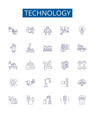 Teknoloji çizgisi simgeleri ayarlandı. Tech, Gadget, Electronics, Network, Software, Program, AI, Machine ana hatları vektör çizimleri tasarım koleksiyonu