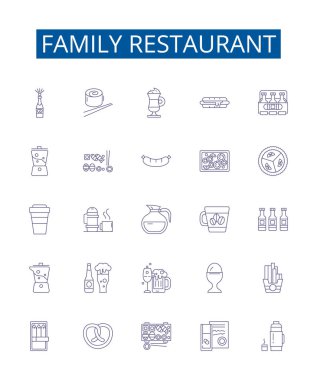 Aile restoranı çizgisi simgeleri ayarlandı. Aile, restoran, yemek, yemek, mutfak, yer, kafe, gıda ana hatları konsepti çizimleri tasarım koleksiyonu