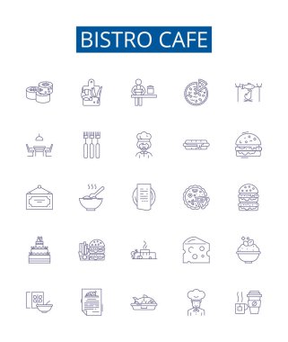 Bistro kafe çizgisi simgeleri ayarlandı. Bistro, Cafe, Yemek, Restoran, Mutfak, Kahve, Kahvaltı, Öğle Yemeği ana hatları vektör çizimleri tasarımı