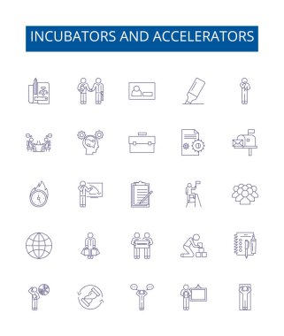 Kuluçka makineleri ve hızlandırıcılar çizgi simgeleri ayarlandı. Kuluçka araçları, Hızlandırıcılar, Girişimler, Yatırımlar, Yenilik, Danışmanlık, Geliştirme, Ağ ana hatları vektör çizimleri koleksiyonu