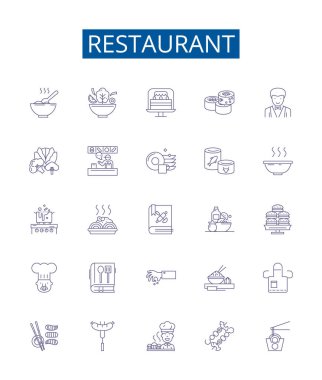Restoran çizgisi simgeleri ayarlandı. Restoran, Yemek, Kafe, Yemek, Bistro, Mutfak, Dışarıda Yemek, Fast food ana hatları konsepti çizimleri tasarım koleksiyonu