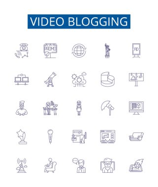 Video blog satırı simgeleri ayarlandı. Vlog, Video günlüğü, Videoblog, Videocasting, Vlogs, Vloggers, Video Podcasting, Vodcasting, Vodcasting ana hatları konsept çizimleri tasarımı