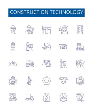 İnşaat teknolojisi çizgisi simgeleri ayarlandı. İnşaat, Teknoloji, İnşaat, Mühendislik, Tasarım, Robotik, Otomasyon, Malzeme ana hatları vektör çizimleri tasarımı