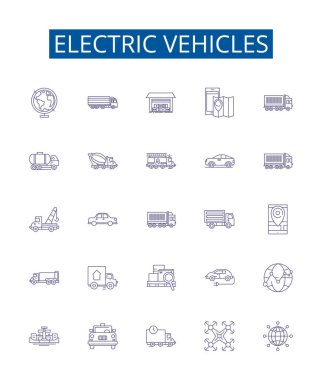 Elektrikli araçlar çizgisi simgeleri ayarlandı. Elektrik, Araçlar, EVler, Batarya, Melez, Fişe tak, Güç, Şarj Edici vektör çizimleri tasarım koleksiyonu