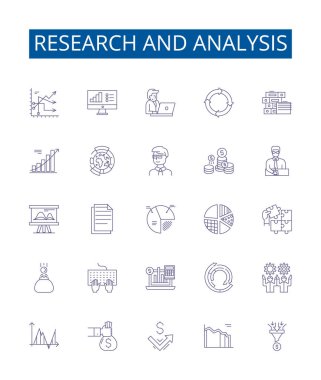 Araştırma ve analiz çizgisi simgeleri ayarlandı. Tasarım koleksiyonu Araştırma, Analiz, Değerlendirme, Değerlendirme, Karşılaştırma, İnceleme, Belirleme, İnceleme