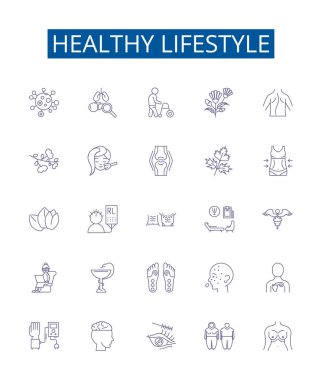Sağlıklı yaşam çizgisi simgeleri belirlendi. Egzersiz, Beslenme, Uyku, Su, Denge, Ilımlılık, Rahatlık, Rahatlama ana hatları vektör çizimleri tasarımı