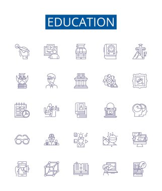 Eğitim çizgisi simgeleri ayarlandı. Tasarım koleksiyonu: Öğrenme, Okul, Yükseköğretim, Öğrenim, Okuma, Edebiyat, Dersler, Eğitim ana hatları konsepti çizimleri