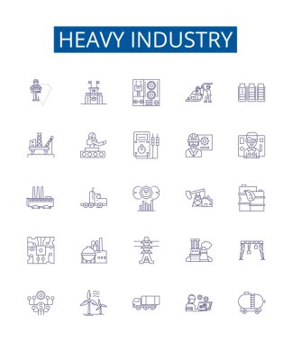 Ağır sanayi çizgisi simgeleri belirlendi. Üretim, Üretim, Üretim, Makineleme, Madencilik, Metalurji, Otomasyon, Robotik, Çelik yapımı vektör çizimi tasarımı