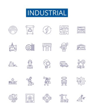 Endüstriyel çizgi simgeleri ayarlandı. Fabrika, Üretim, Mühendislik, Otomasyon, İnşaat, Makineler, İşlem, Güç ana hatları konsepti çizimleri tasarım koleksiyonu