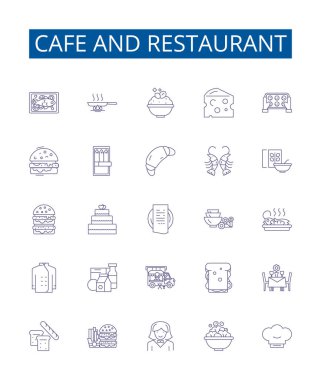 Kafe ve restoran çizgisi simgeleri ayarlandı. Kafe, restoran, mutfak, menü, malzemeler, tarifler, hazırlık, sunum taslağı çizimleri tasarım koleksiyonu