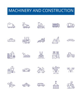 Makineler ve inşaat çizgisi simgeleri ayarlandı. Makine, İnşaat, Ekipman, Mühendis, Otomasyon, Endüstriyel, Üretim, İşletme konsepti çizimleri tasarım koleksiyonu
