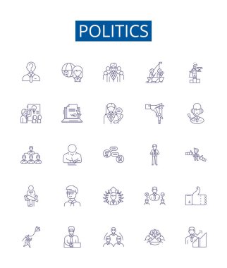 Siyaset çizgisi simgeleri belirlendi. Politika, Yönetim, Diplomasi, Devlet Tasarımı, Seçim, Yasama, Politika, Yönetici ana hatları vektör çizimleri tasarımı