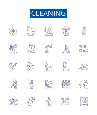 Temizlik çizgisi simgeleri ayarlandı. Sanitize, Yıka, Temizle, Süpürge, Süpürge, Süpürge, Toz, Süpürge, Süpürge, Tasarım tasarım tasarımı