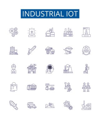 Endüstriyel çizgi simgeleri ayarlandı. Endüstriyel, IoT, Üretim, Otomasyon, Bağlantı, Otomatikleştirme, Büyük, Veri Ana Hattı vektör çizimleri tasarımı