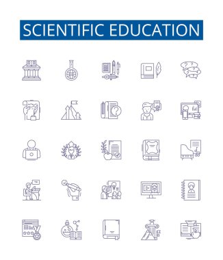 Bilimsel eğitim çizgisi simgeleri belirlendi. Bilimsel, Eğitim, Bilgi, Öğrenme, Teknoloji, Deney, Yöntem, Analiz ana hatları vektör çizimleri tasarım koleksiyonu