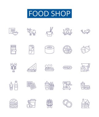 Food shop line icons signs set. Design collection of Takeaway, Delicatessen, Pantry, Grocery, Bistro, Restaurant, Diner, Eatery outline vector concept illustrations clipart