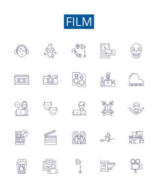 Film çizgisi simgeleri ayarlandı. Movie, Cinema, Production, Picture, Blockbuster, Story, Reel, Reel, ana hatlı vektör çizimlerini göster