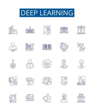 Derin öğrenme çizgisi simgeleri ayarlandı. Derin öğrenme, Sinirsel ağlar, Makine öğrenme, Yedekleme, CNN, NLP, AI, Güçlendirme öğrenme ana hatları vektör çizimleri tasarımı