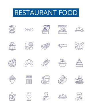Restoran yemek hattı simgeleri ayarlandı. Mutfak, Yemek, Yemek, Lezzet, Gastronomi, Pizza, Suşi, Erişte ana hatlı vektör çizimleri tasarım koleksiyonu