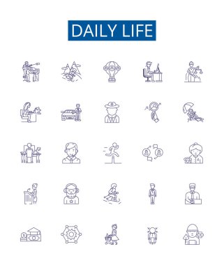 Günlük yaşam çizgisi simgeleri ayarlandı. Rutin, Günlük, Alışkanlıklar, Günlük, Normal, Olağan, Sıradan, Drudgery ana hatları vektör çizimleri tasarım koleksiyonu