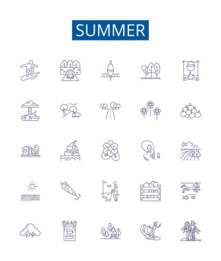 Yaz çizgisi simgeleri ayarlandı. Güneş, Isı, Tatil, Havuz, Plaj, BBBQ, Böcekler, Citrus ana hatları vektör çizimleri koleksiyonu