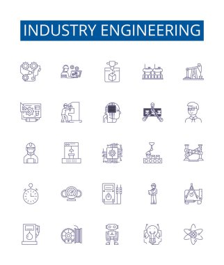 Endüstri mühendisliği çizgisi simgeleri ayarlandı. Endüstriyel, Mühendislik, Üretim, Üretim, Otomasyon, Kalite, Kontrol, Lojistik ana hatları çizim çizimleri tasarımı