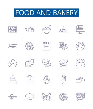 Yemek ve fırın çizgisi simgeleri ayarlandı. Pastane, Yemek, Kek, Pasta, Donut, Turta, Ekmek, Bisküvi ana hatları vektör çizimleri tasarım koleksiyonu