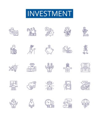Yatırım çizgisi simgeleri ayarlandı. Tasarım koleksiyonu, Fon, Tasarruf, Sermaye, Mevduat, Hisse Senetleri, Kaynaklar, Bonds ana hatları vektör çizimleri
