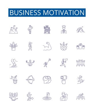 İş motivasyon çizgisi simgeleri ayarlandı. Motivasyon, Sürüş, İlham, İlerleme, Başarı, Zafer, Hırslı, Aspire ana hatları vektör çizimleri tasarım koleksiyonu