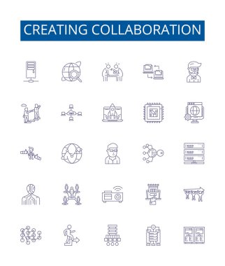 İşbirliği çizgisi simgeleri oluşturuluyor. İşbirliği, Birleştirme, Havuz, Takım, Senkronizasyon, Senkronizasyon, Senkronizasyon, Bağlanma, Tasarım ana hatları çizim çizimleri
