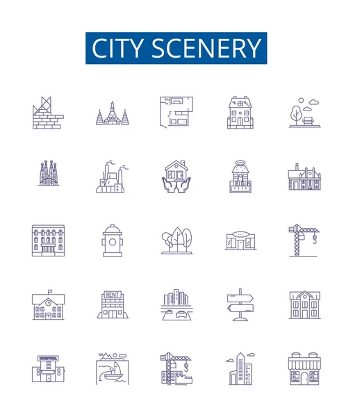 City Scenery Line Icons Signs Set Design Collection Urban Buildings — Stock Vector