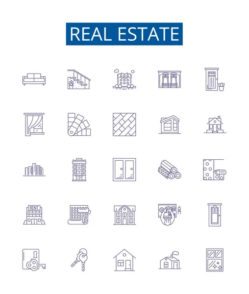Ikony Linii Nieruchomości Ustawione Kolekcja Projektów Nieruchomości Domów Gruntów Domów — Wektor stockowy
