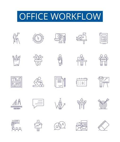Office Arbetsflöde Linje Ikoner Tecken Inställd Design Samling Workflow Office — Stock vektor