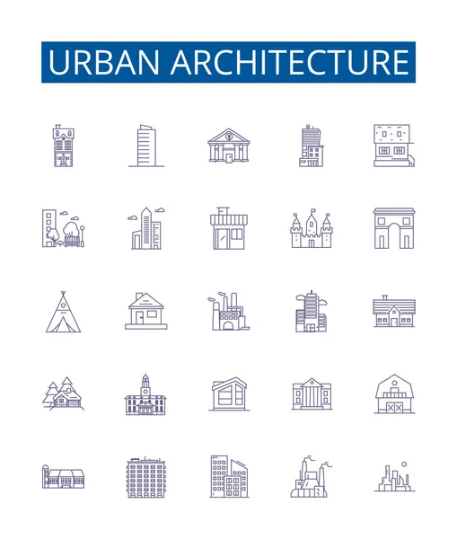 Städtebauliche Liniensymbole Werden Gesetzt Designsammlung Urbanität Architektur Gebäude Wolkenkratzer Stadthäuser — Stockvektor