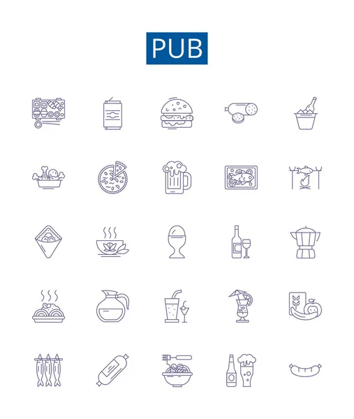 Pub Línea Iconos Signos Establecidos Diseño Colección Bar Alehouse Taberna — Vector de stock